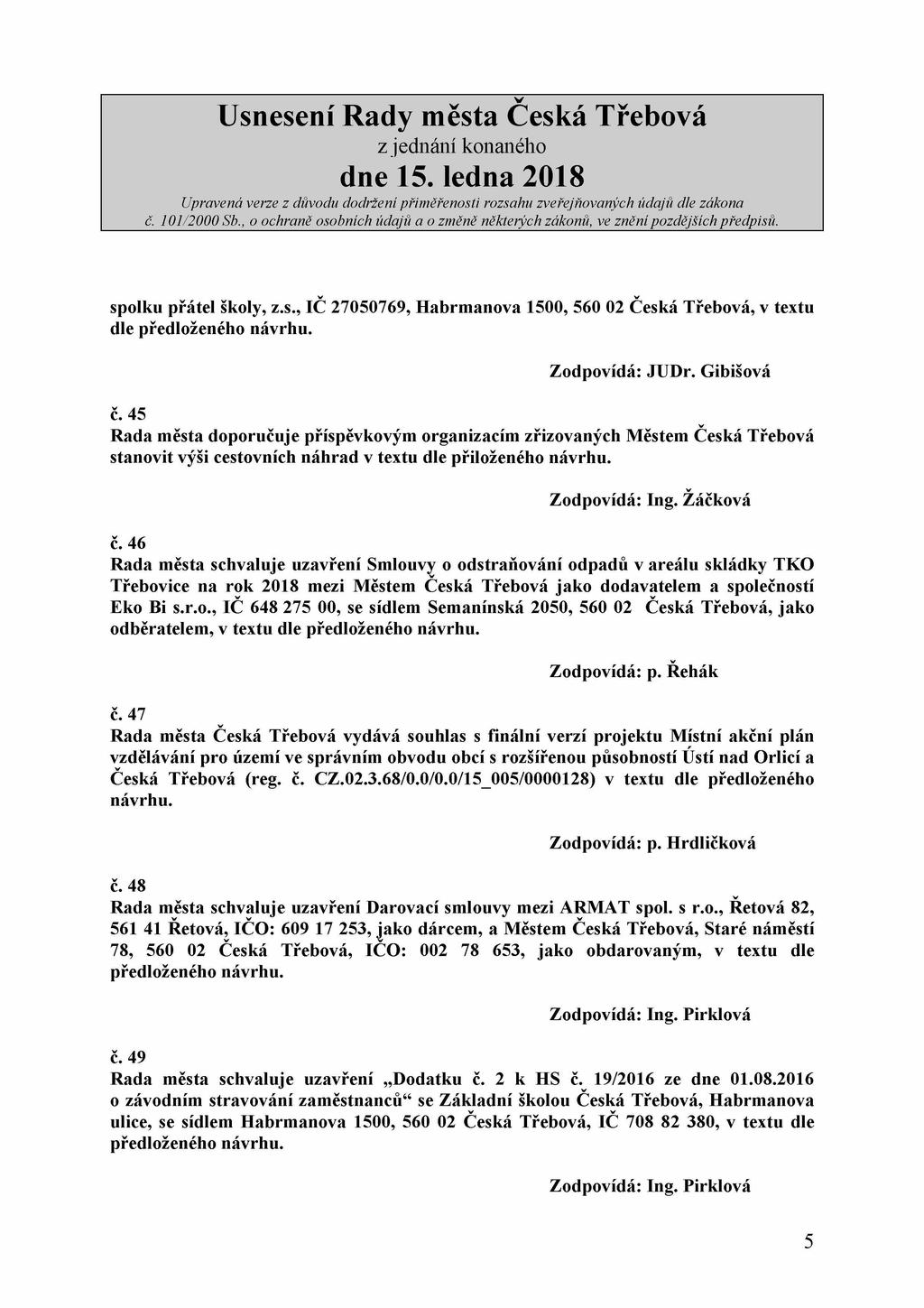 spolku přátel školy, z.s., IČ 27050769, Habrmanova 1500, 560 02 Česká Třebová, v textu dle předloženého návrhu. Zodpovídá: JUDr. Gibišová č.