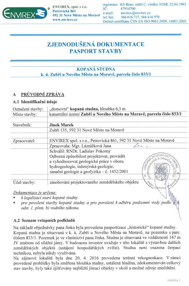 12. Pasport studny EIA Novostavba stáje pro dojnice č. p. 592 k.