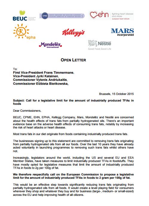 Omezení průmyslových transmastných kyselin(itfa) Říjen 2015 otevřený dopis vyzývající k nastavení evropského legislativního limitu průmyslových TFA na