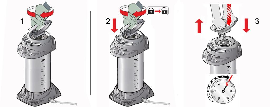 3 Příprava zařízení pro přívod vody 1. Našroubujte pumpu do nádoby [1]. 2. Zatlačte držadlo pumpy dolů a otočte ho po směru hodinových ručiček [2]. Držadlo pumpy je zajištěné. 3.