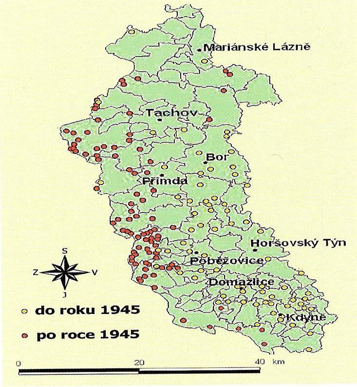 Obrázek 9: Zaniklé obce v oblasti Českého lesa. Zdroj: Převzato z publikace Český les: Příroda, historie, život. 2006, autorka mapy M. Novotná.