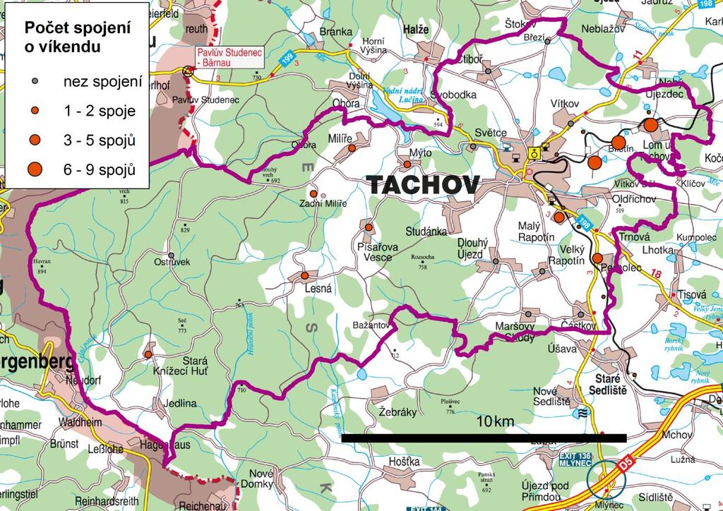 Obrázek 17: Frekvence spojů do Tachova ze sídel regionu MAS Zlatá cesta ve všední den 3 Zdroj: IDOS 2014.