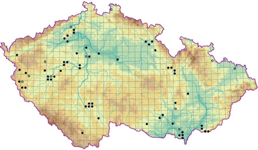 Berberidion vulgaris Obr. 33. Rozšíření asociace KBB06 Carpino betuli-prunetum spinosae; existující fytocenologické snímky dávají dosti neúplný obraz skutečného rozšíření této asociace. Fig. 33. Distribution of the association KBB06 Carpino betuli-prunetum spinosae; available relevés provide an incomplete picture of the actual distribution of this association.