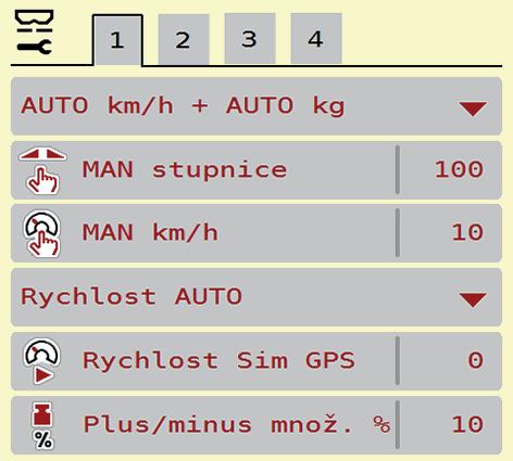 Submenu Význam Popis Provozní režim Stanovení automatického nebo ručního provozního režimu Strana 50 MAN stupnice MAN km/h Zdroj rychlosti/signálu Rychlost Sim GSP Nastavení ruční hodnoty stupnice