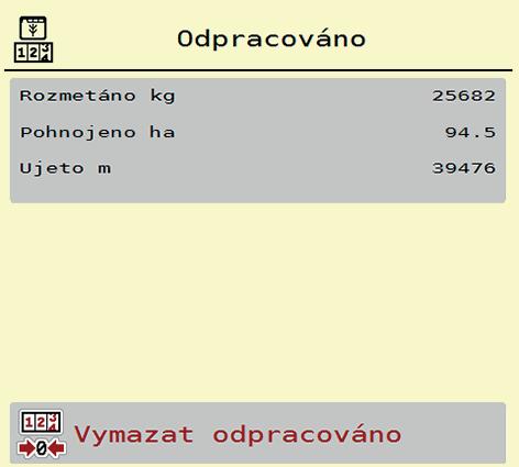 4 Obsluha AXIS EMC ISOBUS 4.9.1 Odpracováno V tomto menu můžete zjišťovat hodnoty provedených rozmetacích prací, sledovat zbývající množství a vymazáním vynulovat počitadla Odpracováno.