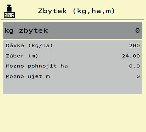 Obsluha AXIS EMC ISOBUS 4 4.9.2 Zbytek (ka, ha, m) V menu kg zbytek můžete zjistit zbytkové množství zbývající v zásobníku.