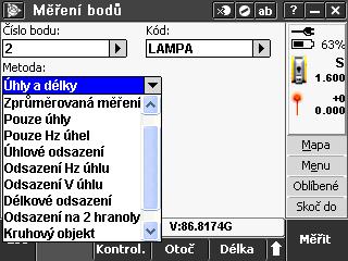 Měření bodů Zvolíme první číslo bodu, případně napíšeme kód bodu Klikneme měřit a zobrazí se nám výsledek,