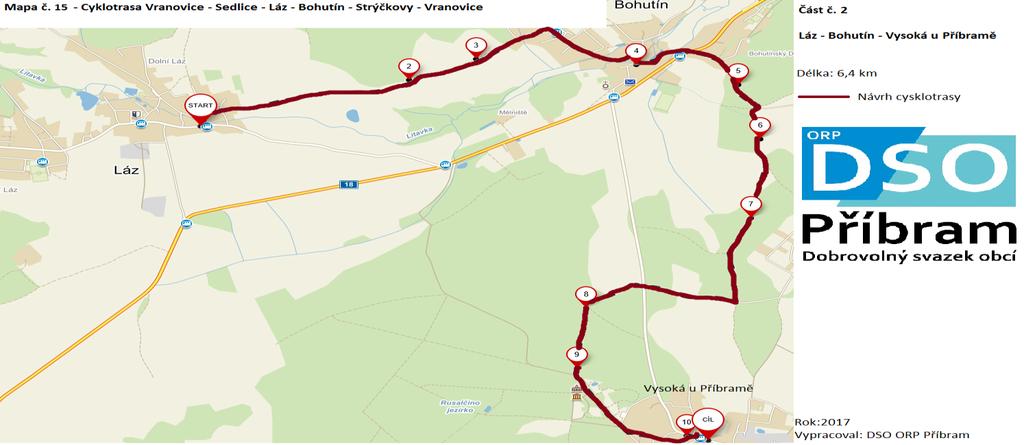 se přejíždí silnice I. třídy (83 m), stoupání 195 m, klesání 143 m 2.