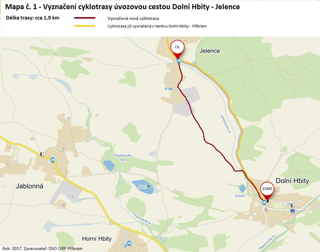 Návrh cyklotras na území DSO ORP Příbram s využitím stávajících úvozových cest Cyklotrasa I. DOLNÍ HBITY JELENCE 1,3 km, 6 min Stávající cyklotrasa Dolní Hbity Jelence je vedena po silnici III.