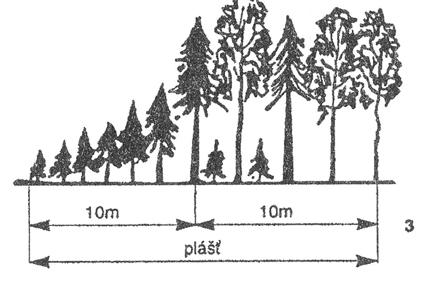 5). Obr. 4 Plášť ochranný: 1-2 různé způsoby vytváření porostního ochranného pláště, 3 správný tvar porostního ochranného pláště před kulminací výškového přírůstu porostu.