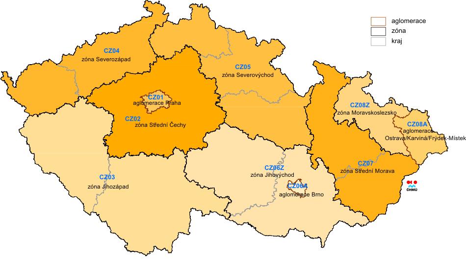 Obrázek 1: Členění ČR na zóny a aglomerace Zdroj: ČHMÚ Základní charakteristika Zóna CZ08Z Moravskoslezsko leží na severovýchodě České republiky. Podle své rozlohy zaujímá 4,5 % území republiky.