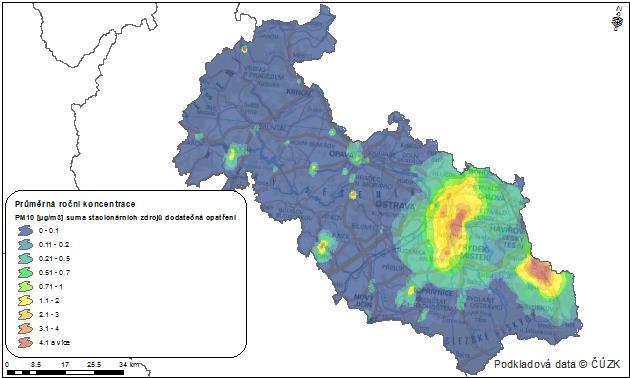 Obrázek 55: Příspěvek vyjmenovaných stacionárních zdrojů k průměrné roční koncentraci PM10, zóna CZ08Z Moravskoslezsko a aglomerace CZ08A Ostrava/Karviná/Frýdek-Místek, stav roku 2011 Obrázek 56: