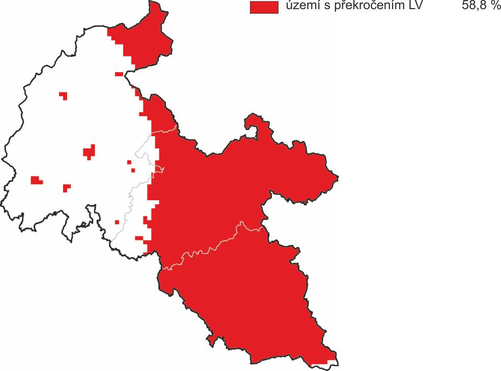 Obrázek 6: Území s překročením imisních limitů, zóna CZ08Z Moravskoslezsko, 2011 Zdroj dat: ČHMÚ Obrázek 7: Území s překročením