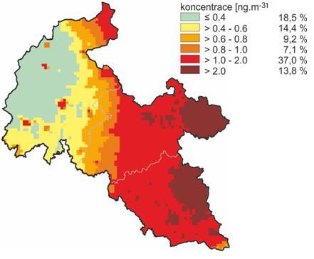 Obrázek 24: Pole průměrné roční koncentrace B(a)P, zóna CZ08Z Moravskoslezsko, rok 2011 Zdroj dat: ČHMÚ Obrázek 25: Pole průměrné roční koncentrace