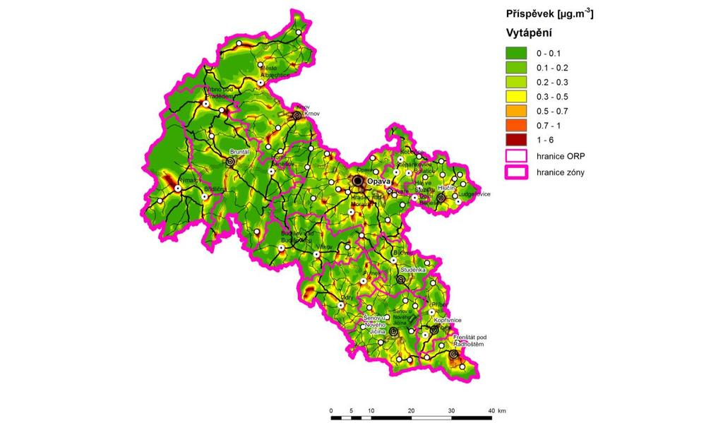 Obrázek 34: Příspěvek skupiny vyjmenovaných zdrojů (Bodové zdroje) k průměrné roční koncentraci PM2,5, stav roku 2011, zóna CZ08Z Moravskoslezsko Obrázek 35: Příspěvek