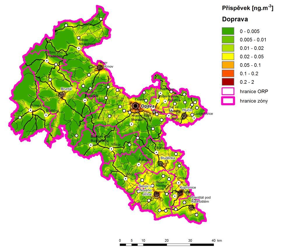 Příspěvek mobilních zdrojů (Doprava) k průměrné roční koncentraci benzo(a)pyrenu, stav