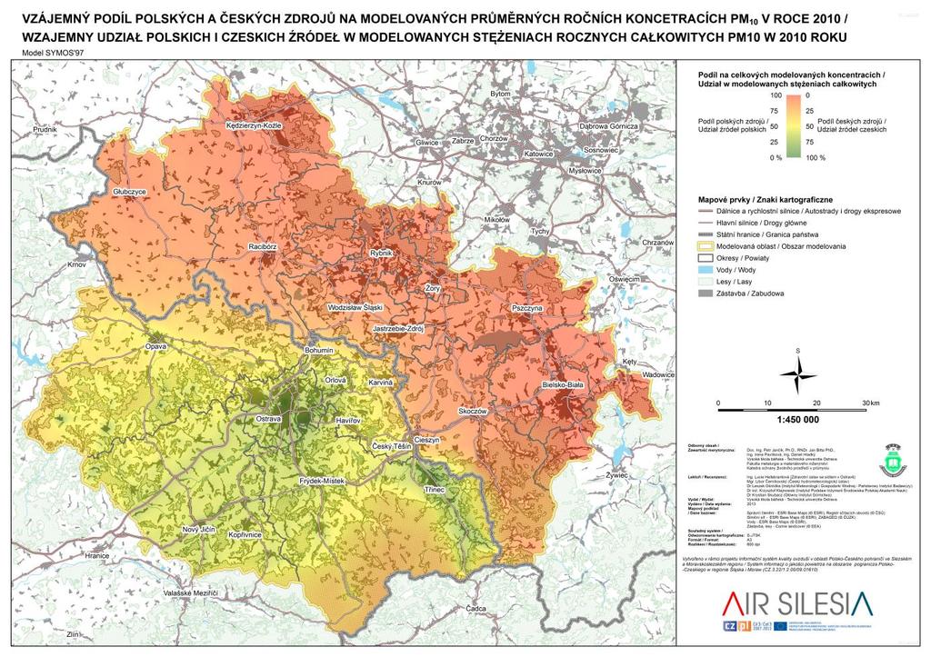 Obrázek 42: Vzájemný podíl polských a českých zdrojů na modelových průměrných ročních koncentracích PM10 v roce 2010 Z výsledků modelování průměrných ročních koncentrací PM 10 pro roky 2006 a 2010