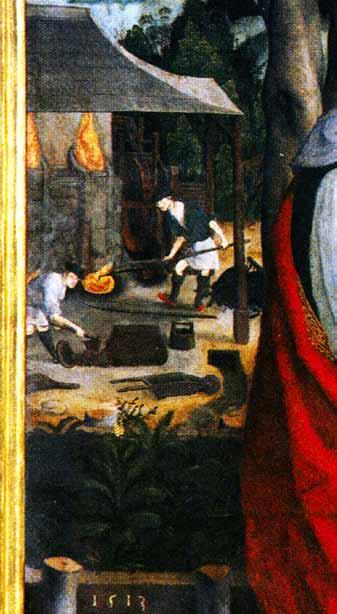 17 OBECNÉ POČÁTKY PŘÍMÉ VÝROBY ŽELEZA Obr. 23: Detail oltářního obrazu sv. Anny Samotřetí (tzv. Rožňavská Metercie) s realistickým vyobrazením práce v huti, 1513 (Rožňavská Metercia 2001, 8) Obr.