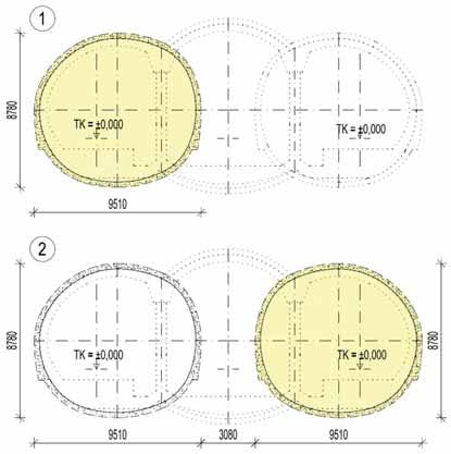 Obr. 7 1 ražba levého staničního tunelu, 2 ražba pravého staničního tunelu (Metroprojekt Praha, a. s., Tomáš Urbánek) Fig.