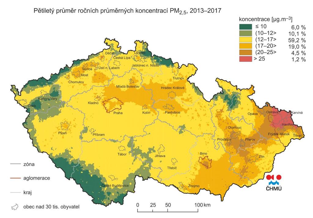 Obrázek 18 : Pole průměrné roční koncentrace PM2,5, průměr 2013 2017