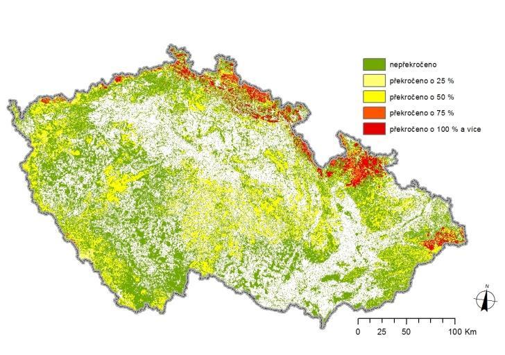 Z výstupů je patrné, že zatímco u síry již depozice nepřekračuje kritické zátěže na většině území, u dusíku je situace opačná a na většině území jsou kritické zátěže překročeny.