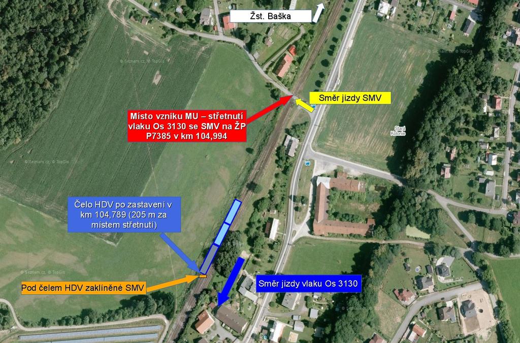 Obr. č. 2: Schéma místa vzniku MU na ŽP P7385 v žst. Pržno. Zdroj: DI s využitím mapového zdroje: https://mapy.