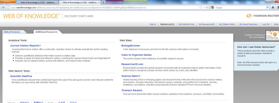 2. Praktický postup při práci s akademickou službou Web of Science (WoS) VYHLEDÁVÁNÍ IMPACT FACTORU KONKRÉTNÍHO ČASOPISU 1. K citačním rejstříkům se dostaneme z databáze Web of Knowledge.