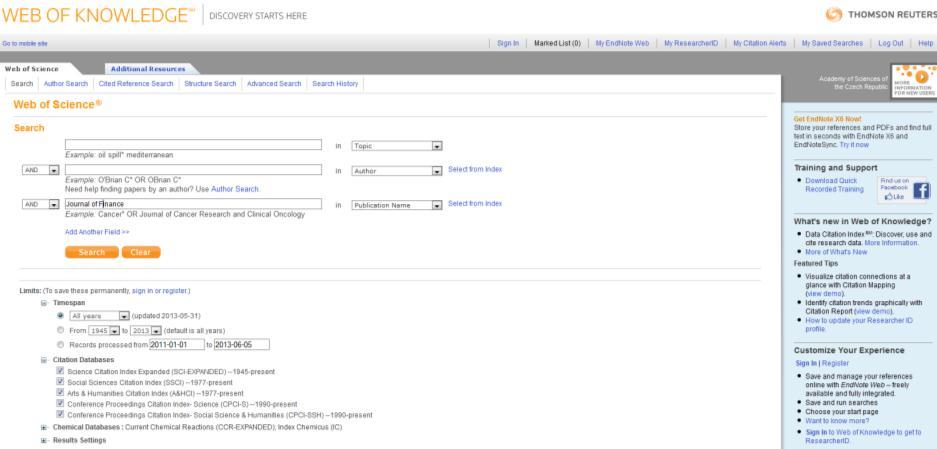 VYHLEDÁVÁNÍ CITAČNÍ ZPRÁVY KONKRÉTNÍHO ČASOPISU 1. K citačním rejstříkům se dostaneme z databáze Web of Knowledge. Přístup na www.