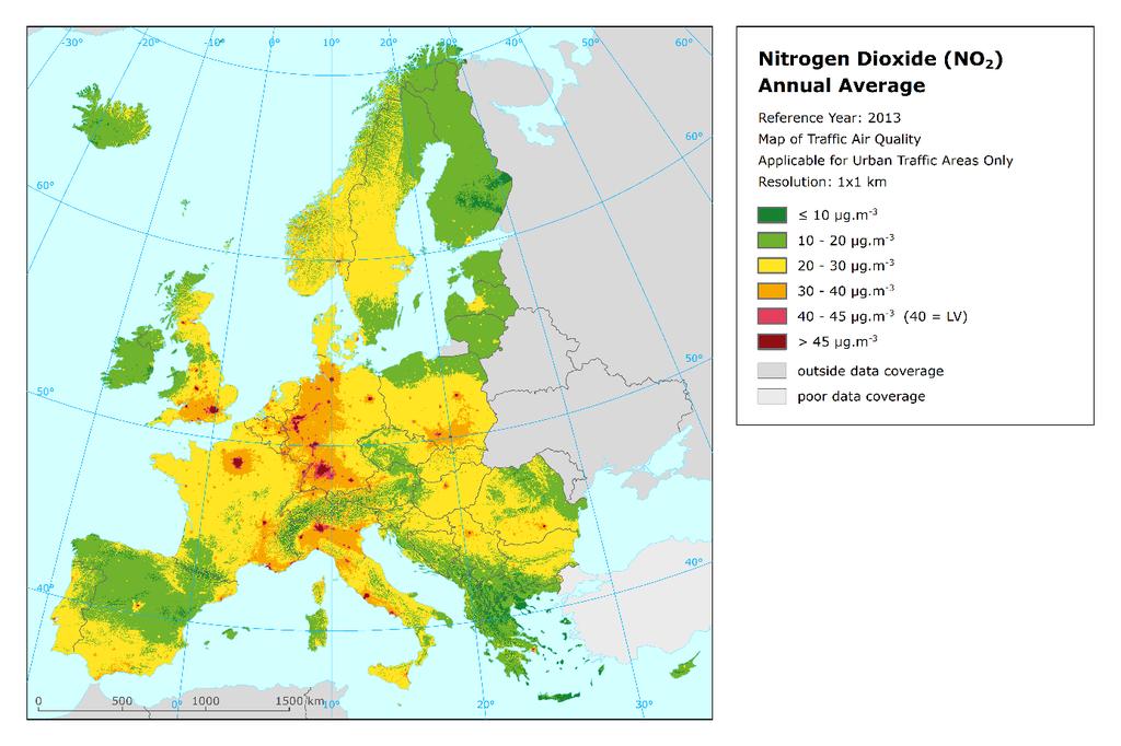 NO 2 městská dopravní vrstva, roční průměr, 2013, Evropa