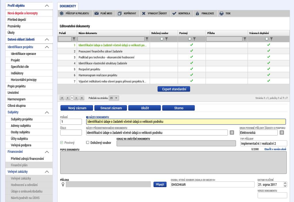 Na záložce dokumenty vložte všechny relevantní přílohy žádosti o podporu.
