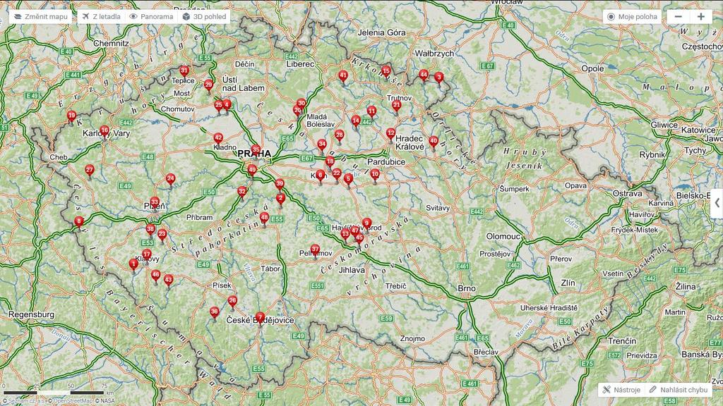 Mapa č. 1: Mapa míst, kde Kongregace Šedých sester III. řádu sv.