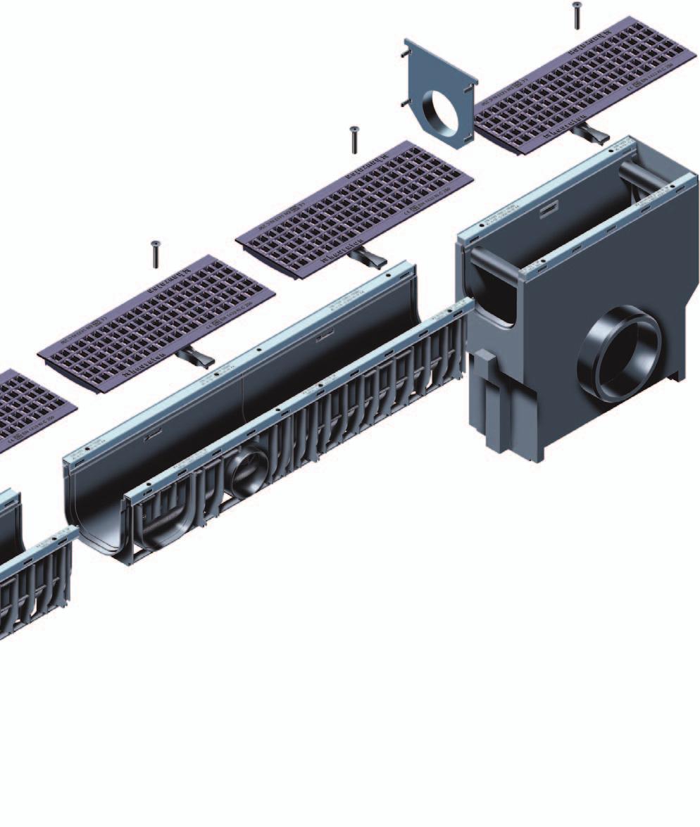 4 FASERFIX KS, SUPER 2 1 Žlaby z PE-PP s integrovaným rámem z pozinkované oceli v souladu s DIN V 19580 / EN 1433, značka shody CE s polodrážkou pro přesné uložení.
