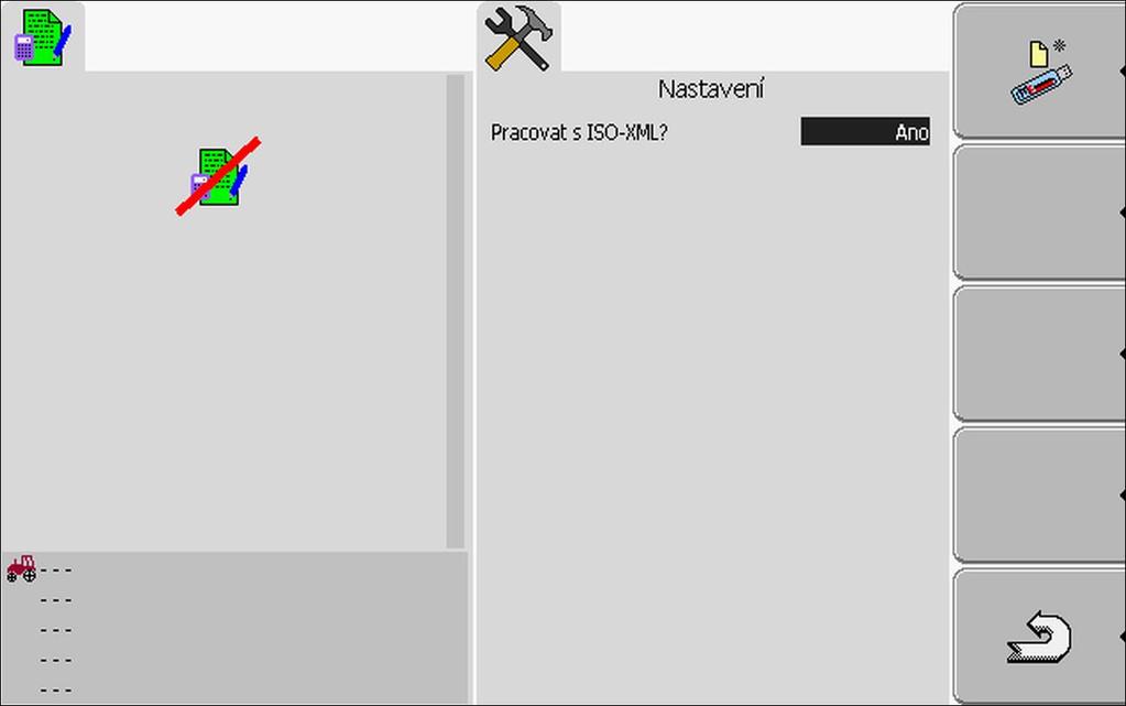 Zpracování zakázek ISOBUS-TC Konfigurace uspořádání zařízení 9 Zobrazí se následující obrazovka: 2. - Označte řádek Pracovat s ISO-XML?