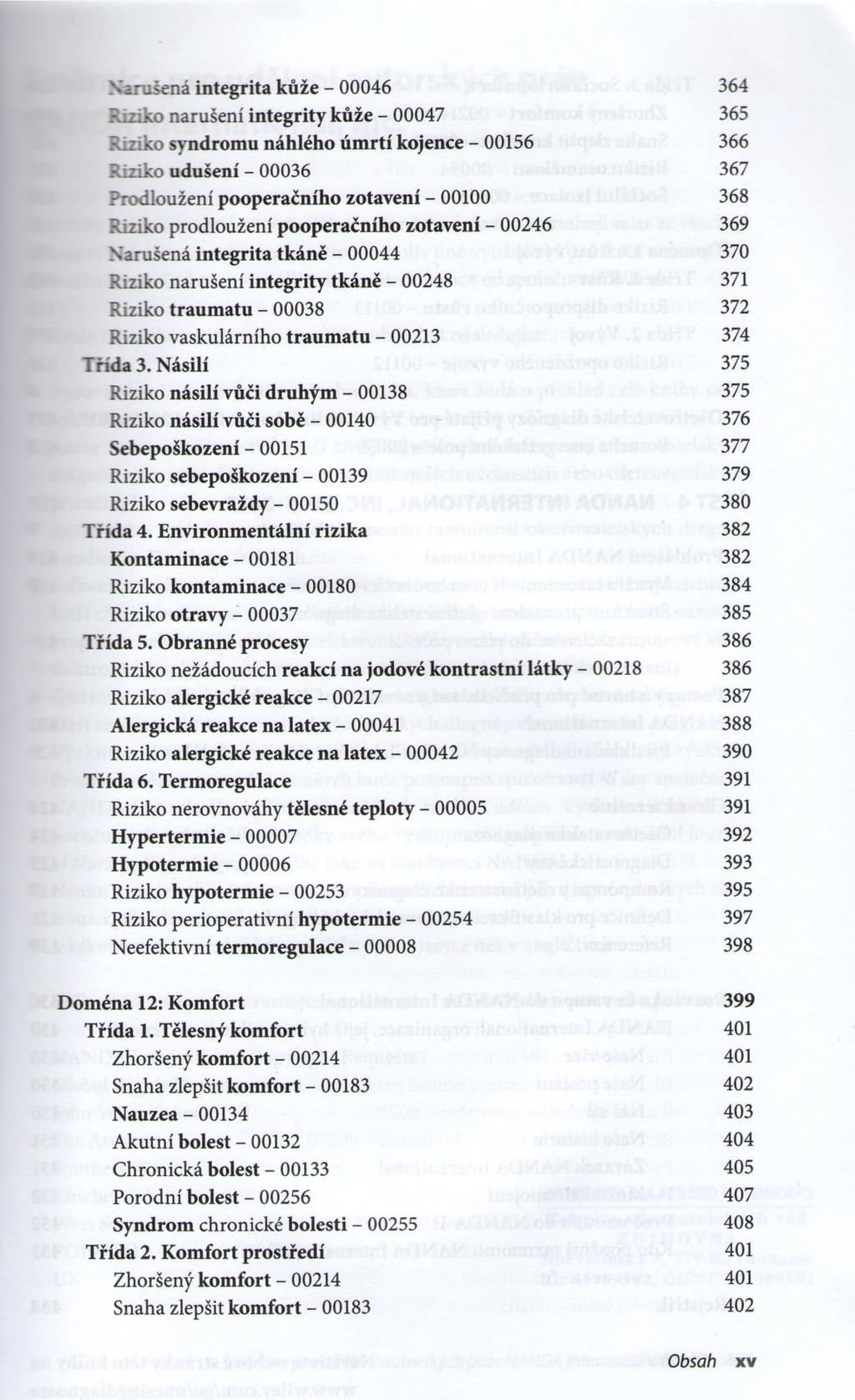 Narušená integrita kůže - 00046 364 Riziko narušení integrity kůže - 00047 365 Riziko syndromu náhlého úm rtí kojence - 00156 366 Riziko udušení - 00036 367 Prodloužení pooperačního zotavení - 00100