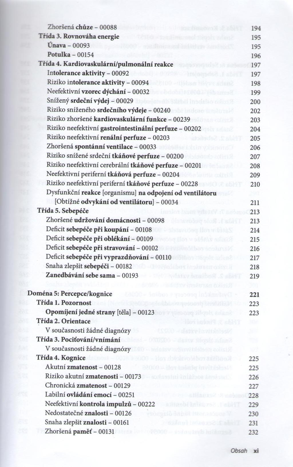 Zhoršená chůze - 00088 194 Třída 3. Rovnováha energie 195 Únava - 00093 195 Potulka - 00154 196 Třída 4.