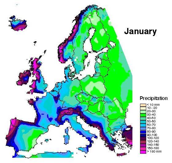 Klima Evropy Rozložení srážek v zimě a létě