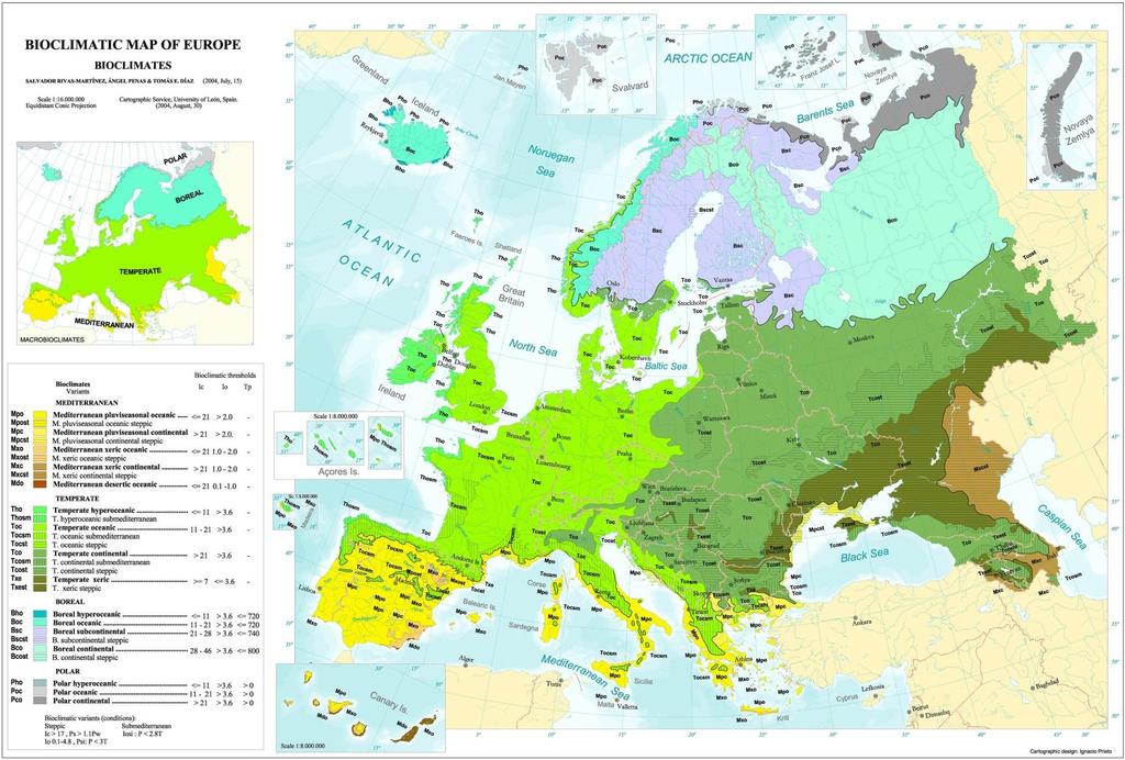 Klima Evropy Bioklimatická mapa Evropy Ic index kontinentality (roční teplotní interval ve C) Io roční ombrotermický index (srážky měsíců s