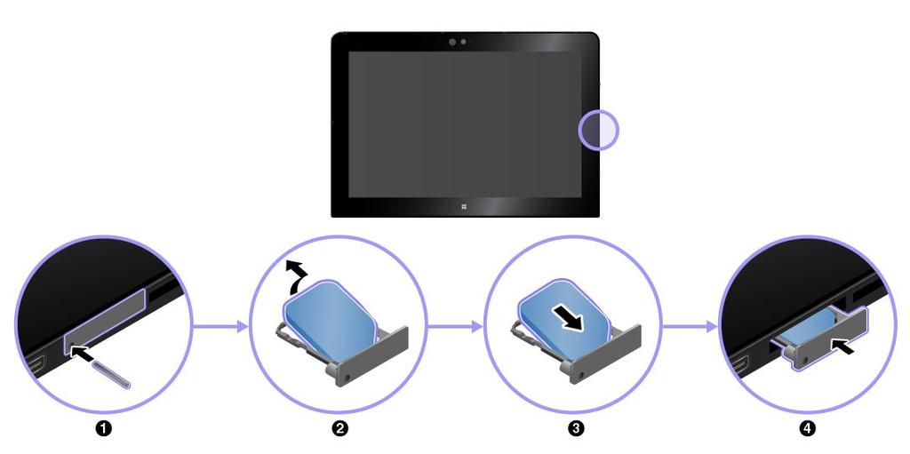 Výměna nebo vložení karty microsim: 1. Vypněte tablet. Vložte narovnanou kancelářskou sponku do otvoru v přihrádce pro kartu microsim. Přihrádka pro kartu microsim se vysune. Opatrně ji vytáhněte. 2.
