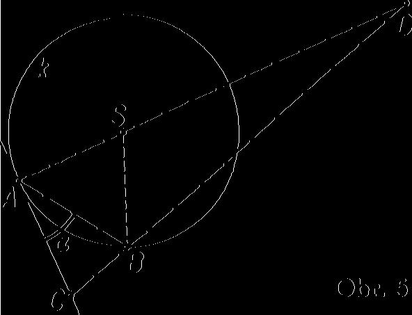 Jsou dány tři body A, B, S neležící v přímce. Kolem bodu S opište kružnici k té vlastnosti, že tečny k ni vedené z bodů A, B svírají úhel dané velikosti co. Řešeni (obr. 6).