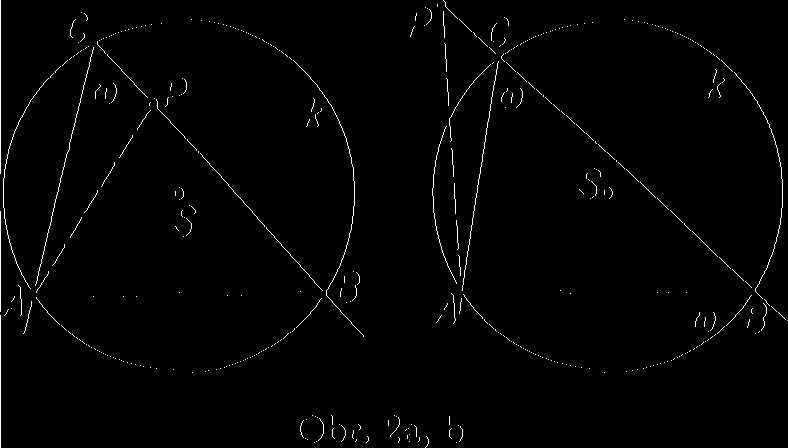 Důkaz, a) Mějme nejprve případ, že bod Pje vnitřním bodem kružnice (obr. 2a). Přímka BP protne kružnici ještě v bodě C.