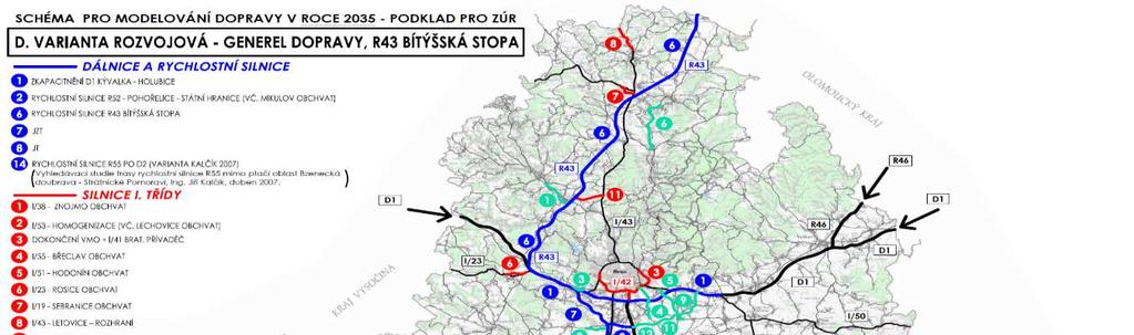 Rychlostní silnice R43, propojující silnice R35 s D1, je oproti scénáři C, vedená ve stopě Bítýšské s napojením na D1 v prostoru Ostopovic, s pokračováním přes D1 a dále, shodně se scénářem C,