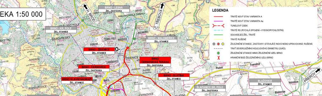 Pro přestavbu ŽUB ve vnitřním území města Brna, vyžadující přestavbu v hranicích stávající infrastruktury (viz další obr.: ŽUB var.