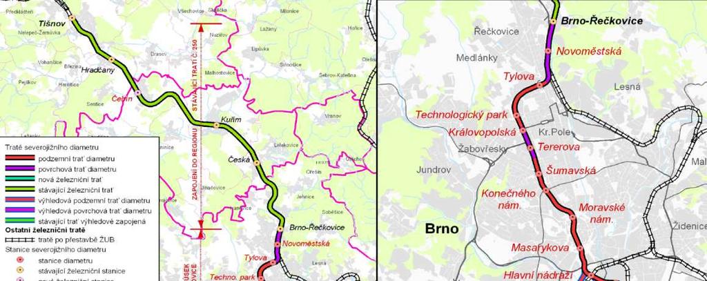 Vnitroměstský úsek SJKD (viz obr. výše) byl prověřen dokumentací Aktualizace studie proveditelnosti severojižního kolejového diametru v Brně (AF-CityPlan, spol. s r. o., 03/2011).