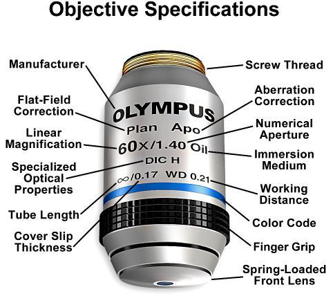 = výrobce = korekce zakřivení = závit = korekce barevné vady = speciální optické vlastnosti - Infinity Corrected Optical System Immersion Indicator Color Band = barevný indikátorový kroužek k použití