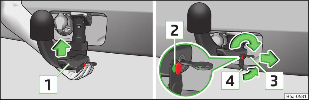 Před montáží vždy nastavte tažné rameno do pohotovostní polohy. Otočte klíček tak, aby byla viditelná jeho červená značka 1» obr. 105. Uchopte tažné rameno pod krytkou kulového čepu 2.