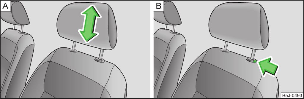 Nastavení hlavových opěrek Obr. 43 Hlavová opěrka: nastavení / vyjmutí hlavové opěrky ně 56 a dodržujte je. Nastavení výšky Uchopte opěrku oběma rukama ze stran a posuňte ji podle potřeby nahoru» obr.
