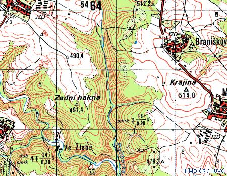 Obr. 1 Výřez z topografické mapy v původním měřítku 1:50000. Na mapě je uvedena kilometrová síť.