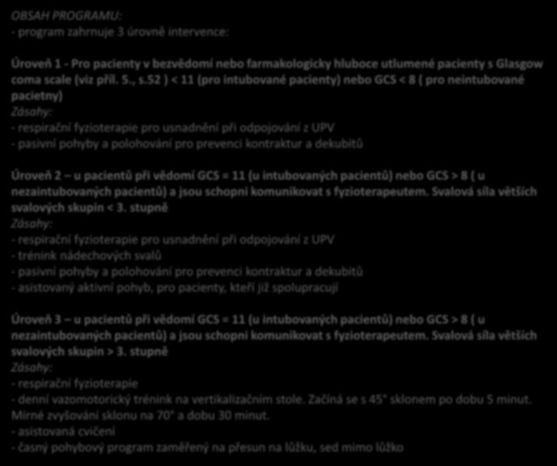 OBSAH PROGRAMU: - program zahrnuje 3 úrovně intervence: Úroveň 1 - Pro pacienty v bezvědomí nebo farmakologicky hluboce utlumené pacienty s Glasgow coma scale (viz příl. 5., s.