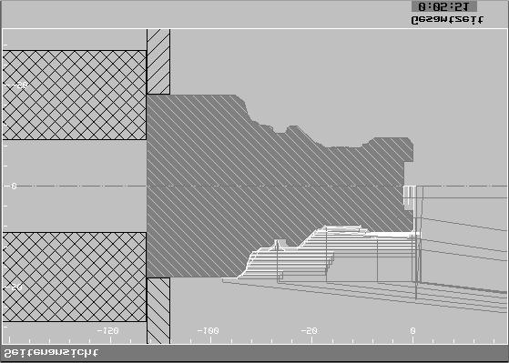 3 11/2006 Opracovávání obrobku 3.11 Simulace obrábění 3 Pohled ve třech oknech ukazuje jednak boční pohled, jednak čelní pohled, ale u PCU 50 i objemový model.
