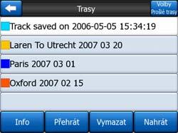 4.7.2.6 Nastavit Trasy Pomocí systému igo je také možné ukládat protokoly trasy cest. Tato obrazovka umožňuje správu všech protokolů trasy. Obsahuje seznam všech uložených protokolů trasy.